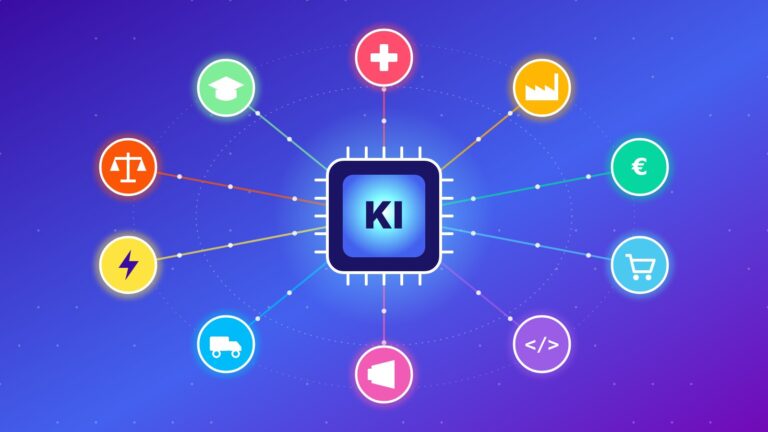 Illustration: Ein KI-Chip in der Mitte ist mit zehn Branchen-Symbolen verbunden – Gesundheit, Industrie, Finanzen, Handel, Softwareentwicklung, Marketing, Logistik, Energie, Recht und Bildung
